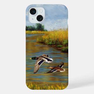 Mallard Ducks Flying Over Pond iPhone 15 Plus Case