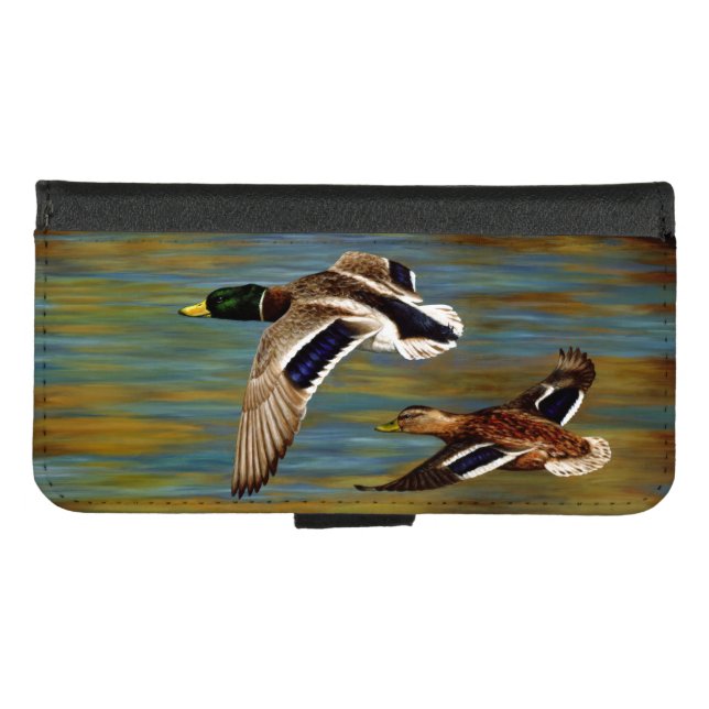 Mallard Ducks Flying Over Pond iPhone Wallet Case (Front (Horizontal))