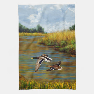 Mallard Ducks Flying Over Pond Kitchen Towel
