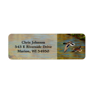 Mallard Ducks Flying Over Pond Label