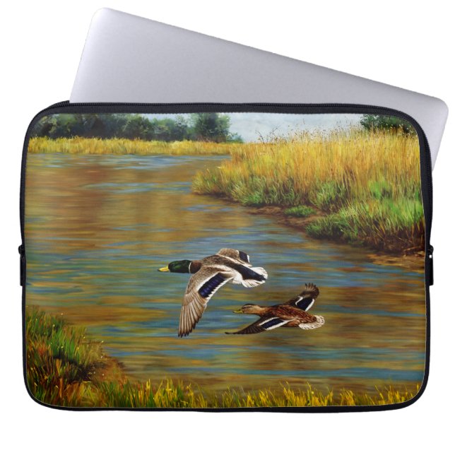 Mallard Ducks Flying Over Pond Laptop Sleeve (Front)