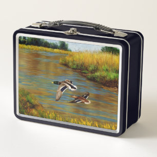 Mallard Ducks Flying Over Pond Metal Lunch Box
