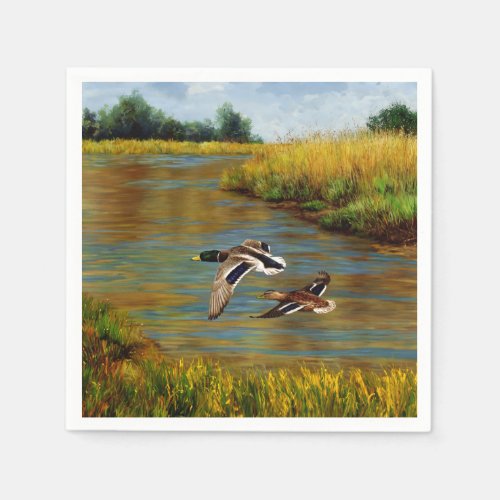 Mallard Ducks Flying Over Pond Napkins