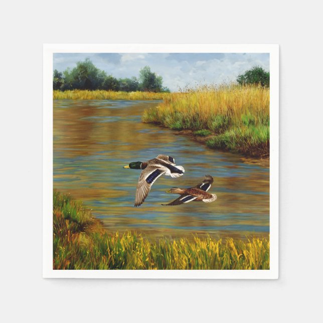 Mallard Ducks Flying Over Pond Napkins (Front)
