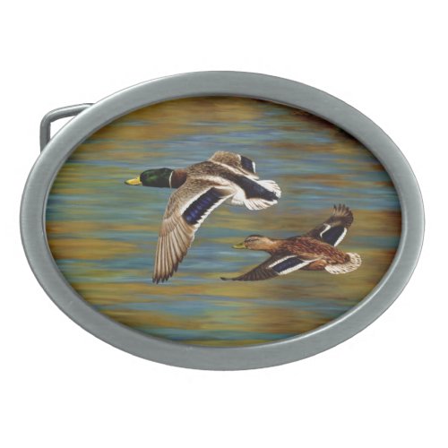 Mallard Ducks Flying Over Pond Oval Belt Buckle