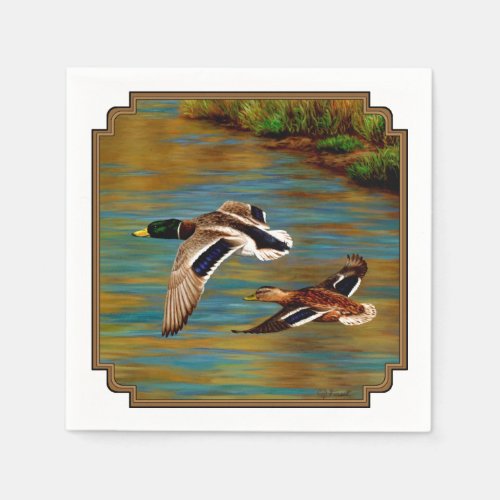 Mallard Ducks Flying Over Pond Paper Napkins