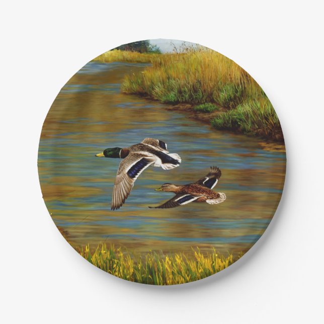 Mallard Ducks Flying Over Pond Paper Plates (Front)