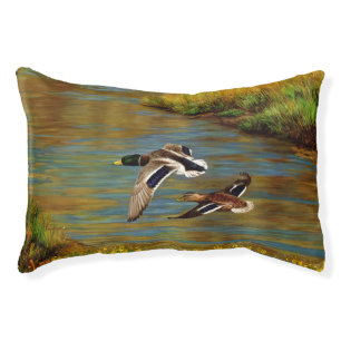 Mallard Ducks Flying Over Pond Pet Bed