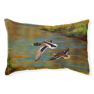 Mallard Ducks Flying Over Pond Pet Bed