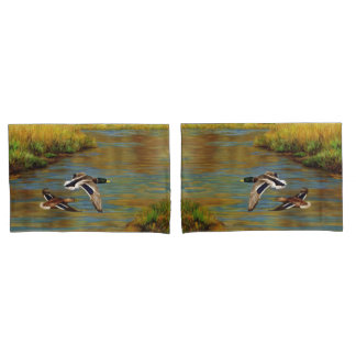 Mallard Ducks Flying Over Pond Pillow Case