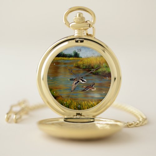 Mallard Ducks Flying Over Pond Pocket Watch
