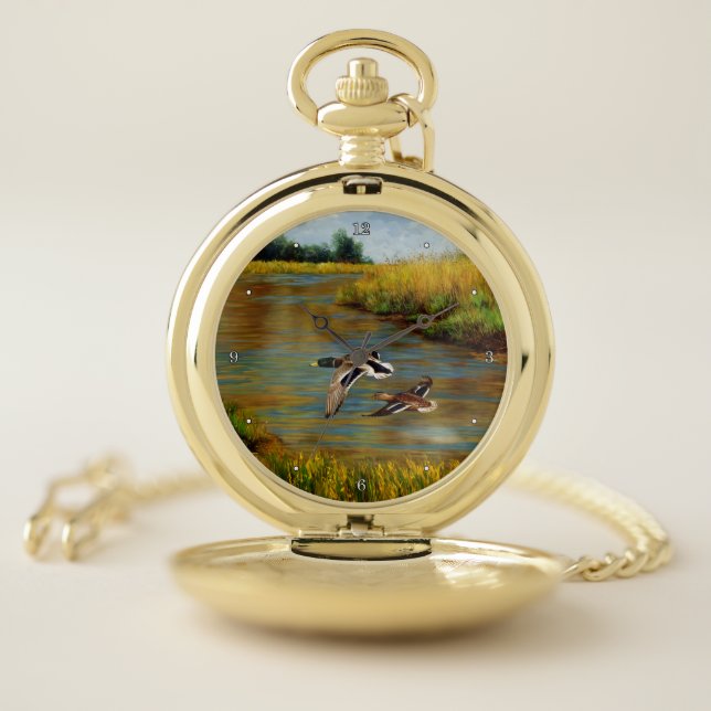 Mallard Ducks Flying Over Pond Pocket Watch (Inside)