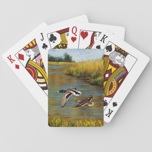 Mallard Ducks Flying Over Pond Poker Cards