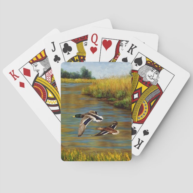 Mallard Ducks Flying Over Pond Poker Cards (Back)