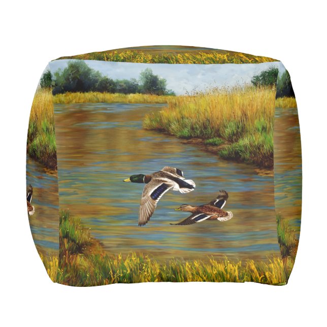 Mallard Ducks Flying Over Pond Pouf (Front)