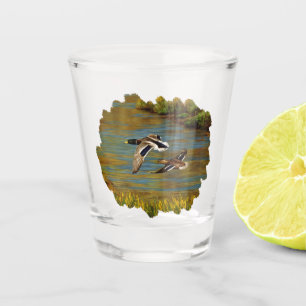 Mallard Ducks Flying Over Pond Shot Glass