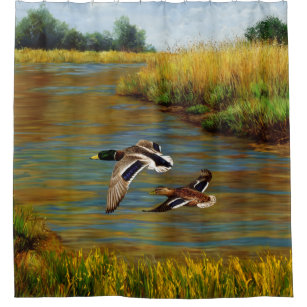 Mallard Ducks Flying Over Pond Shower Curtain