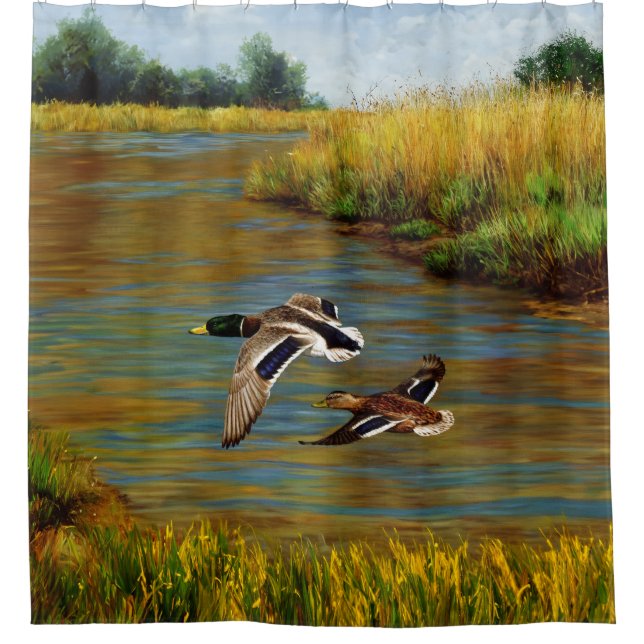 Mallard Ducks Flying Over Pond Shower Curtain (Front)