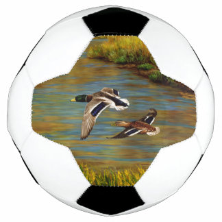 Mallard Ducks Flying Over Pond Soccer Ball