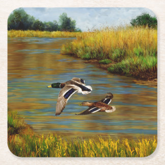 Mallard Ducks Flying Over Pond Square Paper Coaster