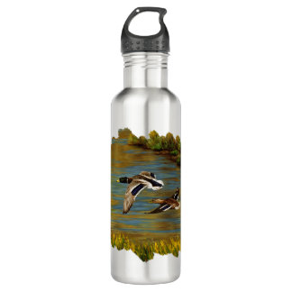 Mallard Ducks Flying Over Pond Stainless Steel Water Bottle