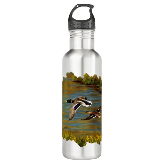 Mallard Ducks Flying Over Pond Stainless Steel Water Bottle (Front)