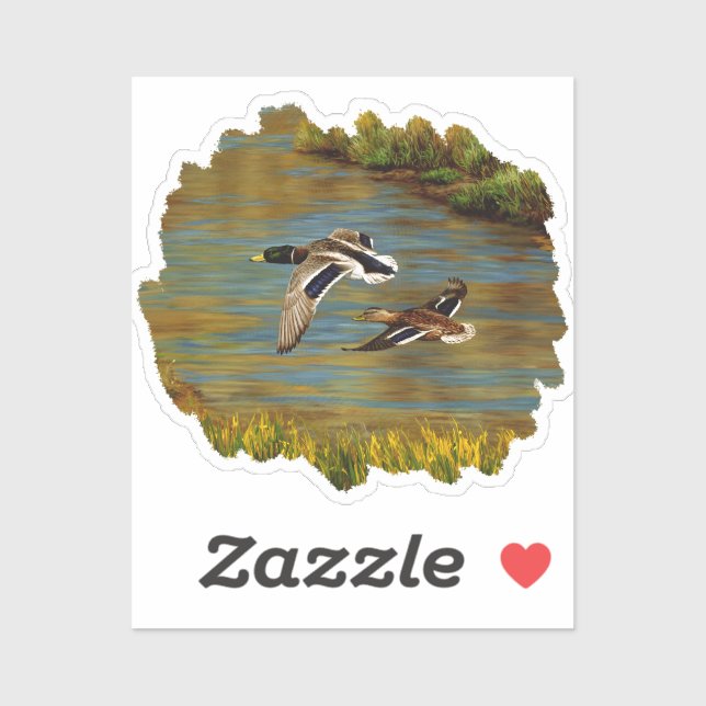 Mallard Ducks Flying Over Pond Sticker (Sheet)