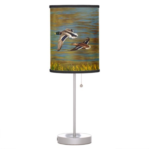 Mallard Ducks Flying Over Pond Table Lamp