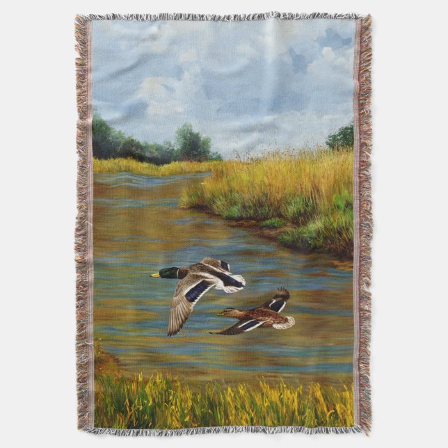 Mallard Ducks Flying Over Pond Throw Blanket (Front Vertical)