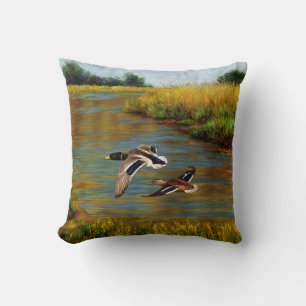 Mallard Ducks Flying Over Pond Throw Pillow