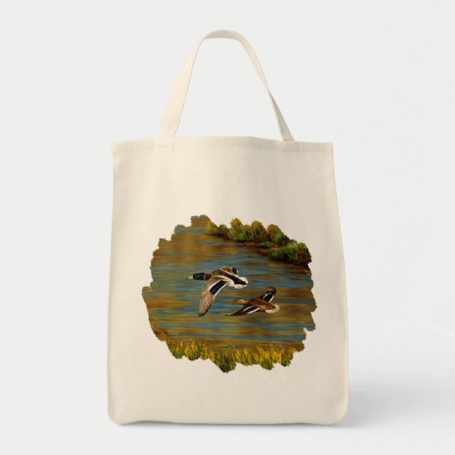 Mallard Ducks Flying Over Pond Tote Bag (Front)