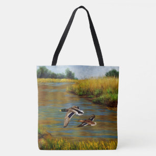 Mallard Ducks Flying Over Pond Tote Bag