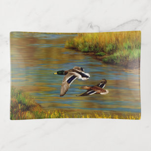 Mallard Ducks Flying Over Pond Trinket Tray