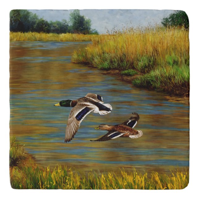 Mallard Ducks Flying Over Pond Trivet (Front)