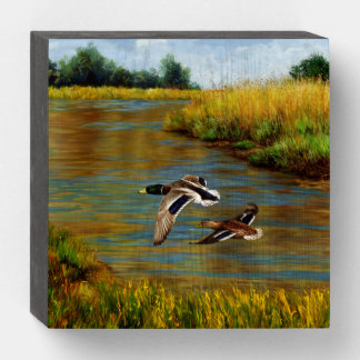 Mallard Ducks Flying Over Pond Wooden Box Sign