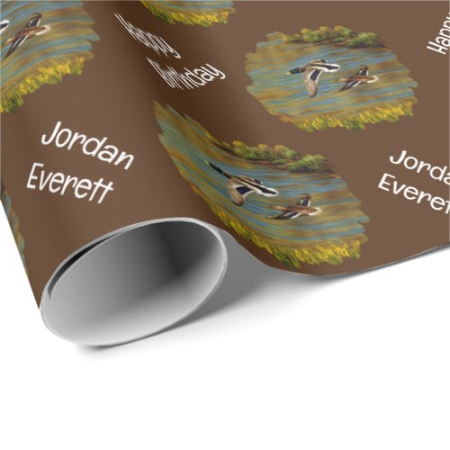 Mallard Ducks Flying Over Pond Wrapping Paper