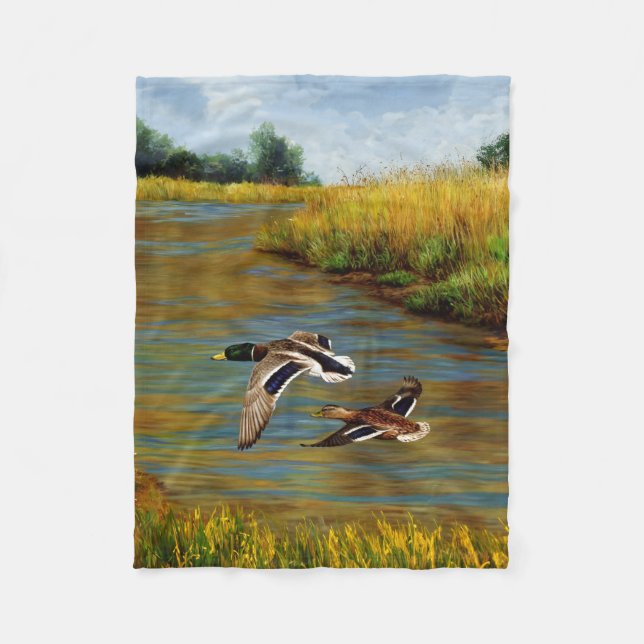 Mallard Ducks Flying over Water Fleece Blanket (Front)
