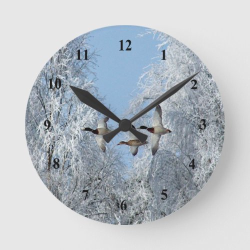 Mallard Ducks Flying Snow Photo Round Clock