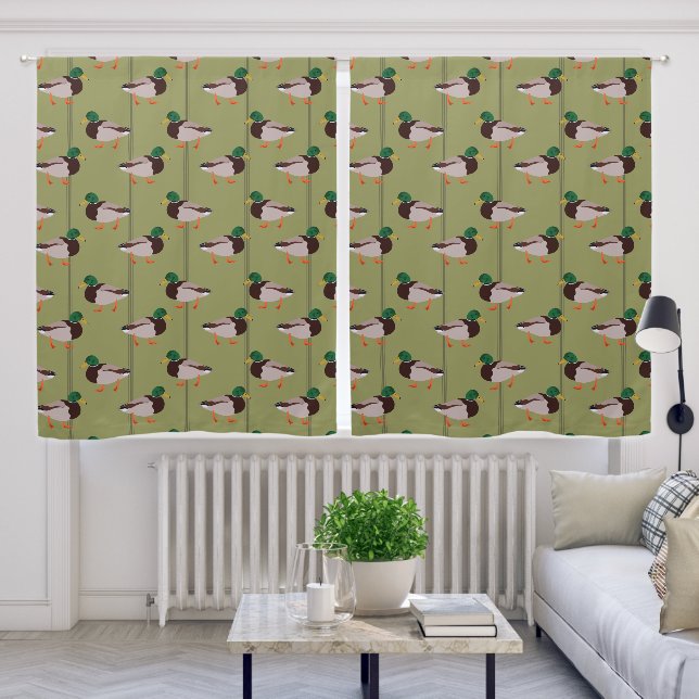 Mallard Ducks Illustrations on Olive Green Blackout Curtains (Living Room)