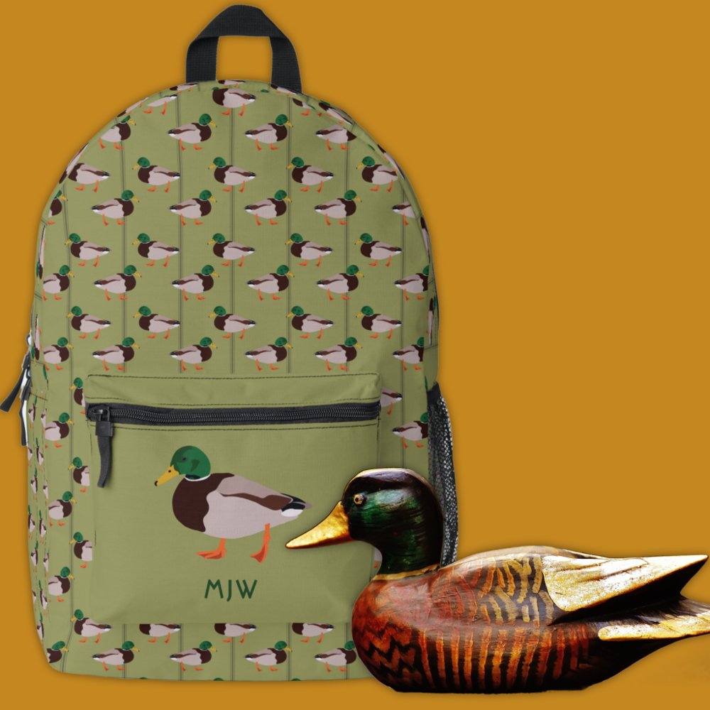 Mallard Ducks Illustrations on Olive Green Custom Name Kids Printed Backpack