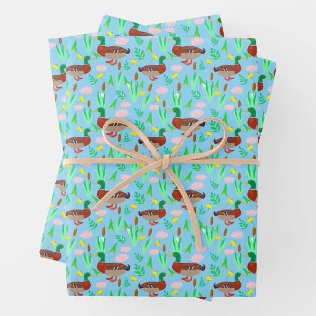 Mallard Ducks in A Swamp Pattern Wrapping Paper Sheets (In situ)