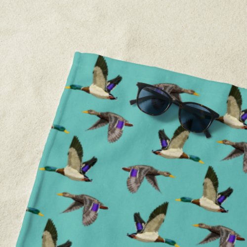 Mallard ducks in flight  beach towel