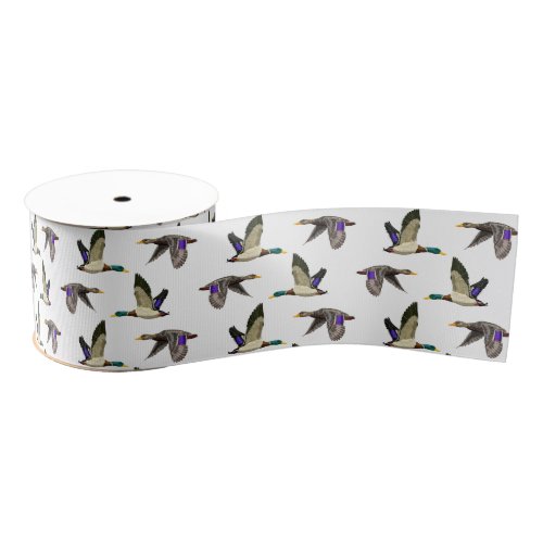 Mallard ducks in flight grosgrain ribbon