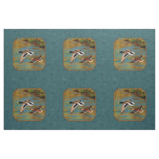 Mallard Ducks in Flight Teal Fabric