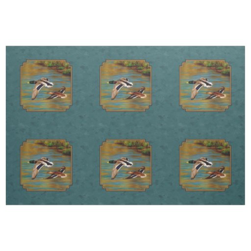 Mallard Ducks in Flight Teal Fabric