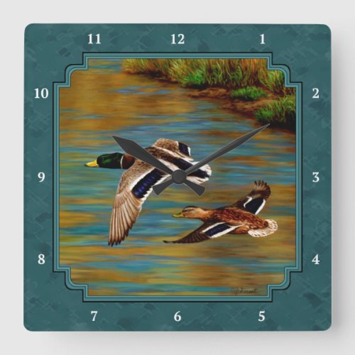 Mallard Ducks in Flight Teal Square Wall Clock