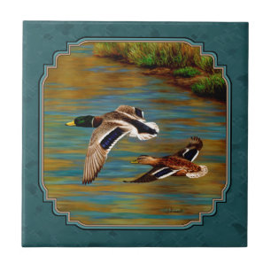 Mallard Ducks in Flight Teal Tile