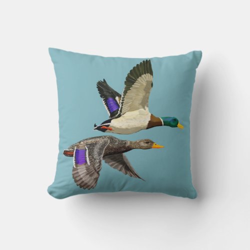Mallard ducks in flight  throw pillow
