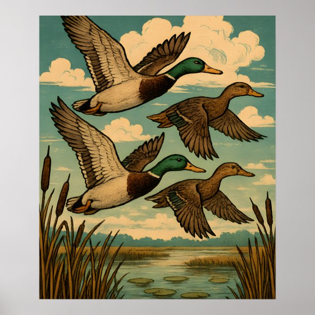 Mallard Ducks in Flight Wildlife Art Poster (Front)