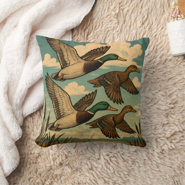 Mallard Ducks in Flight Wildlife Art Throw Pillow (Blanket)